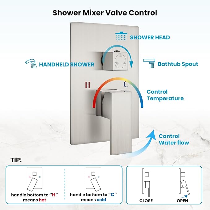 gotonovo Shower System with Tub Spout,Waterfall Tub Shower Faucet Set for Bathroom Head and Handle Set Wall Mounted 3 Function Rough-in Valve and Trim Included 12 inch Shower Head Brushed Nickel - Image 7