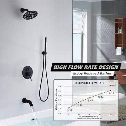 Matte Black Rain Shower Systems with Waterfall Tub Spout, Shower Faucets Sets Complete with 8 Inches Rain Shower Head and Handheld - Image 3