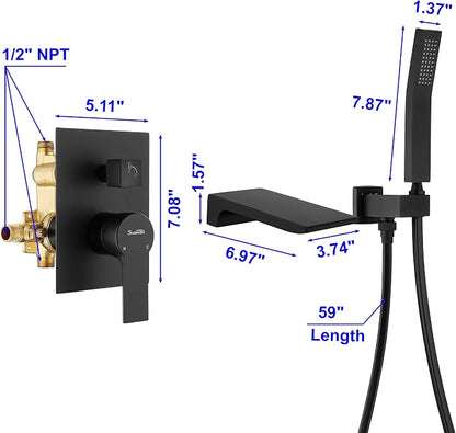 SHAMANDA Waterfall Wall Mounted Bathtub Faucet with Hand Shower, Bathroom Single Handle Tub Faucet Modern Brass Tub Shower Faucet Set(Including Rough-In Valve Body and Trim), Matte Black, L901-7 - Image 7