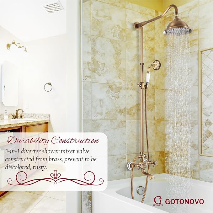 gotonovo Shower Fixture Faucet Set Complete Antique Brass Exposed Pipe Shower System 8 Rain Shower 2 Double Knobs Handle Triple Function Tub Spout Shower Combo Unit Set - Image 8