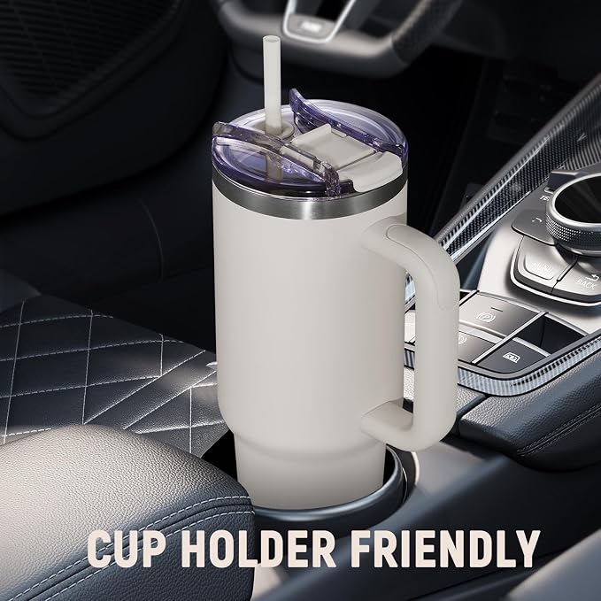 40 oz Tumbler with Handle and Straw Lid,Insulated Reusable Stainless Steel Water Bottle Travel Mug，Cupholder Friendly Double Wall Vacuum Sealed Cup (Almond Birch) - Image 5