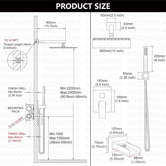 Midanya Rain Shower System Tub Shower Faucet Set Square Rainfall Waterfall Shower Head with Handheld Sprayer Tub Spout Combo Wall Mounted bathtub faucet set Rough-in Valve, 12 Inch Brushed Nickel - Image 5