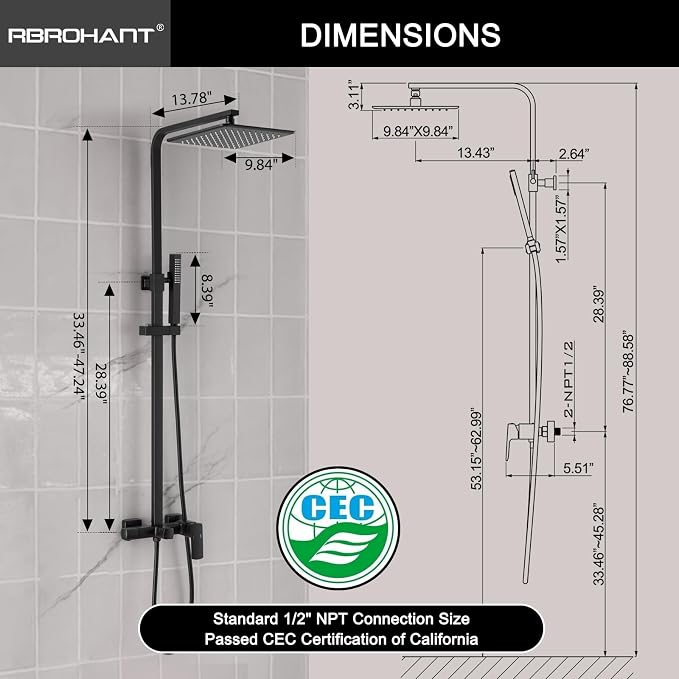 RBROHANT 3 Functions Exposed Shower System, Matte Black Exposed Shower Faucet Set, 10 Inch Rain Shower Head with Handheld and Tub Spout,Shower Height Adjustable, Wall Mounted - Image 8
