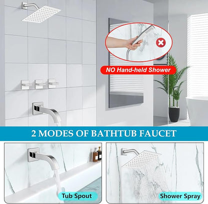 Midanya 3 Handle Tub Shower Faucet with Tub Spout,8-inch Rainfall Bathtub Rain Shower Faucet Set and Rough-in Valve Wall Mount Bathroom Trim Kit Shower System, Square Shower Head Polish Chrome - Image 4