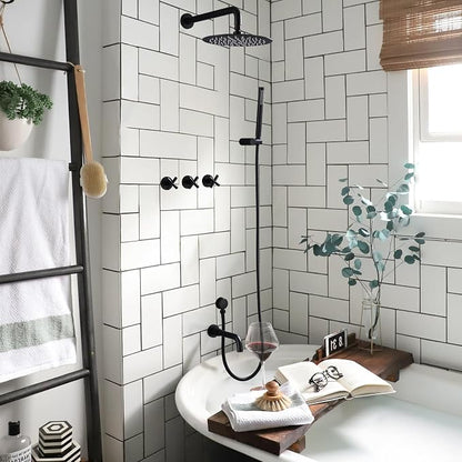 RBROHANT Matte Black Shower System with Tub Spout, Brass Bathtub Shower Faucet Set with 3 Way Rough-in Valve,10 Inch Round Shower Head Set with Tub Spout and Handheld, JK0300 - Image 9