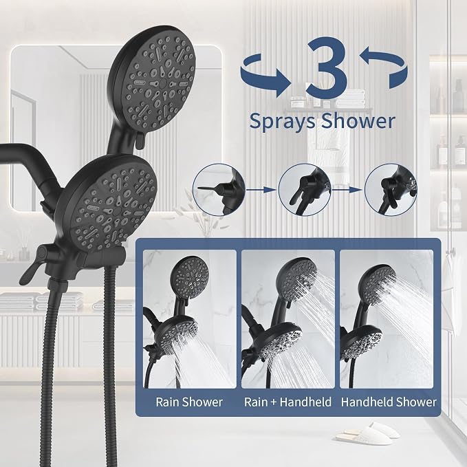 Taplong Shower Faucet Set Dual 2 in 1 Shower Head Kit High Pressure Combo Shower System 7 Modes ABS Handheld Spray Shower Trim Kit Combo Set Shower Fixtures Dual Shower Head Combo,Matte Black-TP038A - Image 4