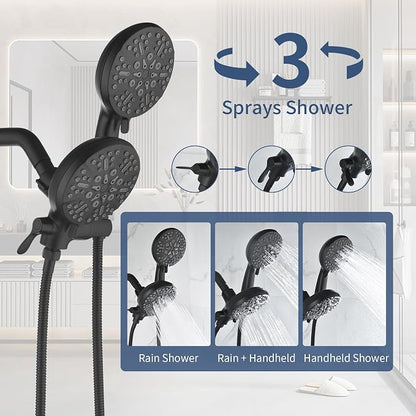 Taplong Shower Faucet Set Dual 2 in 1 Shower Head Kit High Pressure Combo Shower System 7 Modes ABS Handheld Spray Shower Trim Kit Combo Set Shower Fixtures Dual Shower Head Combo,Matte Black-TP038A - Image 4