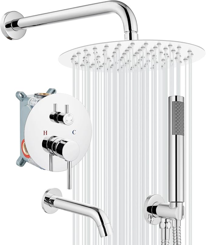 gotonovo Shower System with Tub Spout Wall Mount 3 Function Rough-in Valve Bathtub Shower Faucets Set Complete Rain 10 Inch Round Showerhead Trim Kit Combo, Cylindrical Handheld, Polish Chrome by HOME