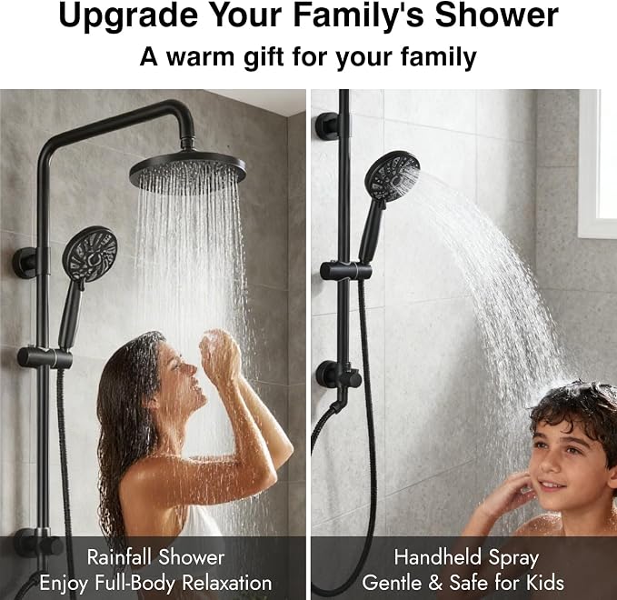 Midanya Retrofit Rain Shower System Wall Mount 8 Inch Rainfall Shower Head with 5-setting Handheld Spray Combo with Slide Bar,Matte Black - Image 9