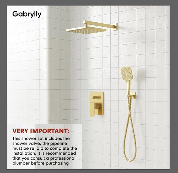 Gabrylly Shower System Gold, Wall Mounted Shower Faucet Set for Bathroom with High Pressure 10" Rain Shower head and 3-Setting Handheld Shower Head Set, 2 Way Shower Valve Kit, Brushed Gold - Image 3