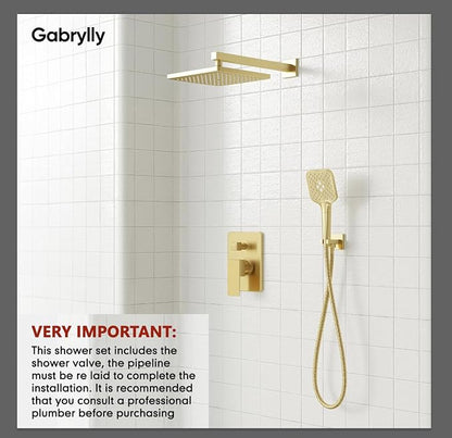 Gabrylly Shower System Gold, Wall Mounted Shower Faucet Set for Bathroom with High Pressure 10" Rain Shower head and 3-Setting Handheld Shower Head Set, 2 Way Shower Valve Kit, Brushed Gold - Image 3
