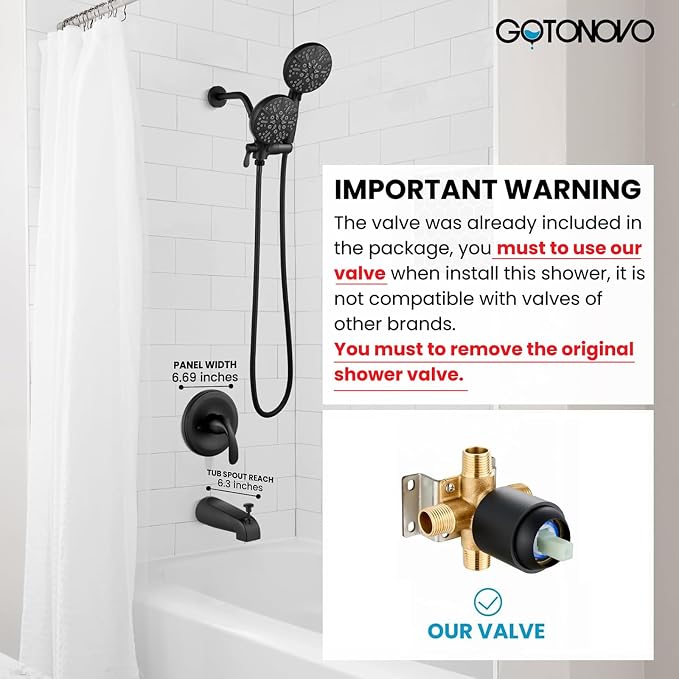 gotonovo Tub Shower Faucet Set,2 in 1 Dual Shower Head and Handle Set with Tub Spout Wall Mount Bathroom Shower Trim Kit with 3-way Water Diverter Valve Included Various Modes Matte Black - Image 2