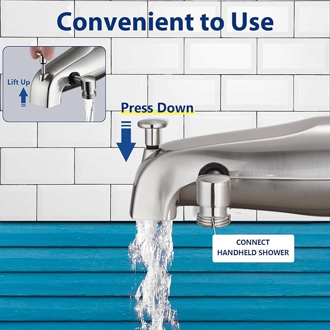 All Metal Bathtub Faucet with Sprayer 10 Settings, Fit for 1/2 inch or 3/4 inch Thread Pipe, 1/2 inch Slip on Pipe,Tub Spout with Diverter Brushed Nickel - Image 5