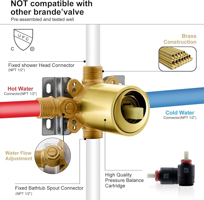 KENES Brushed Gold Tub and Shower Trim Kit, Square Tub Shower Faucet Set Complete with 10-Inch Rainfall Shower Head and Tub Spout, KE-6024A-4 (Shower Valve Included) - Image 7