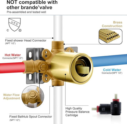 KENES Brushed Gold Tub and Shower Trim Kit, Square Tub Shower Faucet Set Complete with 10-Inch Rainfall Shower Head and Tub Spout, KE-6024A-4 (Shower Valve Included) - Image 7