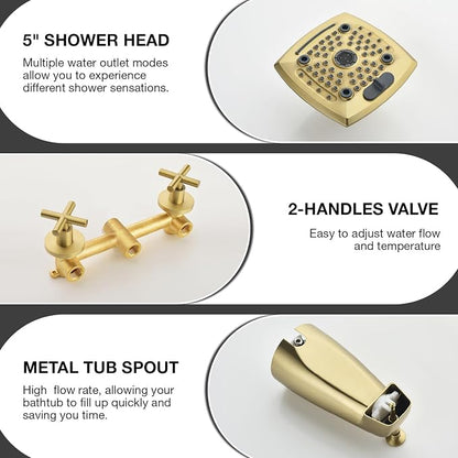 2 Handle Shower Faucet Set with Tub Spout 6-Spray Shower Head and Handle Set Shower Trim Kit with Rough-in Valve Bathroom Shower Faucet Valve Trim Kit Brushed Gold - Image 4