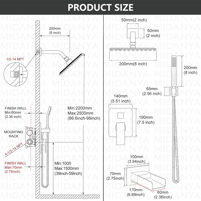 Midanya Rain Shower System Tub Shower Faucet Set Square Rainfall Waterfall Shower Head with Handheld Sprayer Tub Spout Combo Wall Mounted bathtub faucet set Rough-in Valve, 8 Inch Polish Chrome - Image 5