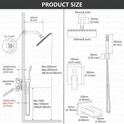 Midanya Rain Shower System Tub Shower Faucet Set Square Rainfall Waterfall Shower Head with Handheld Sprayer Tub Spout Combo Wall Mounted bathtub faucet set Rough-in Valve, 8 Inch Polish Chrome - Image 5