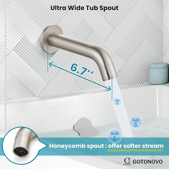 gotonovo Shower System with Tub Spout Wall Mount 3 Function Rough-in Valve Bathtub Shower Faucets Set Complete Rain 10 Inch Round Showerhead Trim Kit Combo, Cylindrical Handheld, Brushed Nickel - Image 7