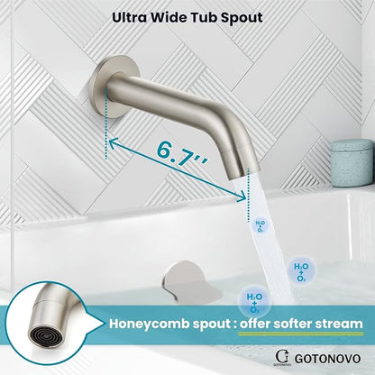 gotonovo Shower System with Tub Spout Wall Mount 3 Function Rough-in Valve Bathtub Shower Faucets Set Complete Rain 10 Inch Round Showerhead Trim Kit Combo, Cylindrical Handheld, Brushed Nickel - Image 7