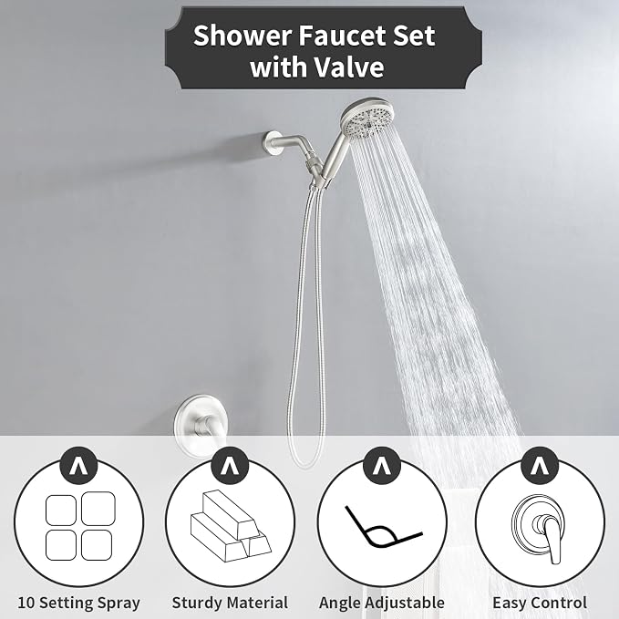 Single-Handle Shower Faucet Set Shower Kit with Valve Shower Trim Kit with 10 Spray Handheld Shower Head System Shower Valve and Trim Kit Brushed Nickel Shower Fixtures - Image 5