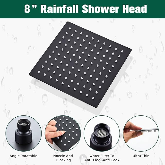 Shower Head Matte Black, Shower Faucet Set Bathroom Shower System with 8 inch Square Rain Shower Head Wall Mounted with 3-Setting Handheld Spray, Rainfall Shower Combo Set - Image 4