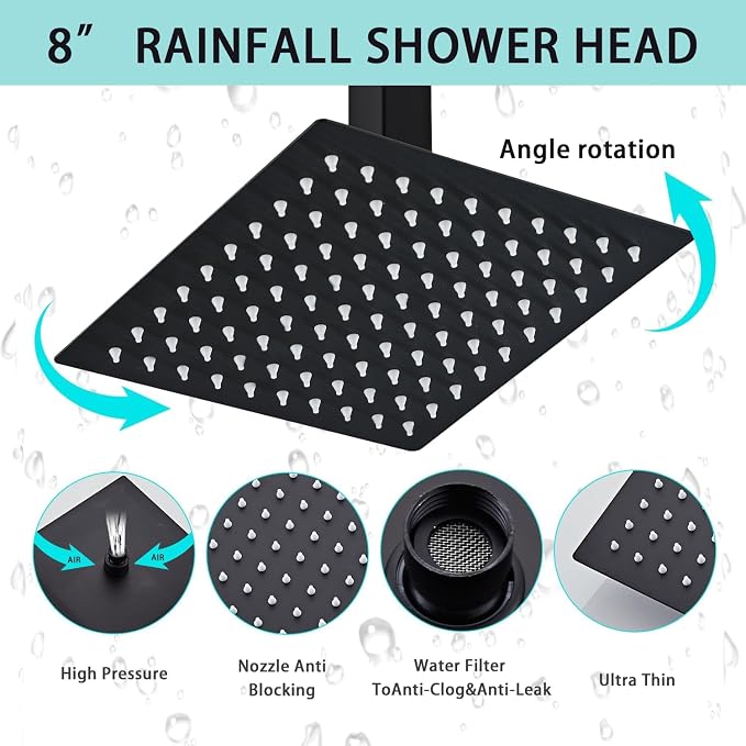8 Inch Shower Faucet Set, Ceiling Mounted Rainfall Shower System with High Pressure Handheld Shower Head, Bathroom Mixer Shower Set Rough-in Valve and Trim Kit, Matte Black, with Tub Spout - Image 3