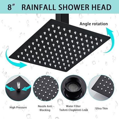 8 Inch Shower Faucet Set, Ceiling Mounted Rainfall Shower System with High Pressure Handheld Shower Head, Bathroom Mixer Shower Set Rough-in Valve and Trim Kit, Matte Black, with Tub Spout - Image 3