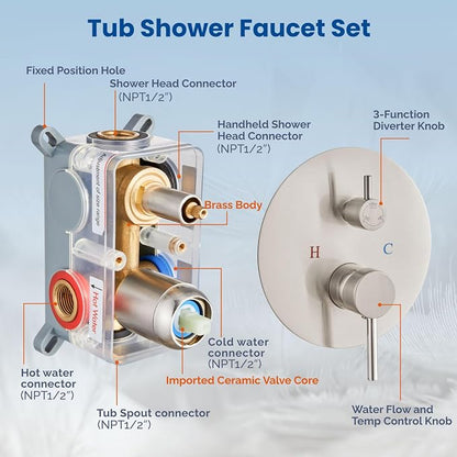 Airuida 3-Function Rain Shower System Set – Wall Mount Tub Shower Combo with Handheld Shower and Tub Spout,12 Inch Shower Head,Brushed Nickel - Image 5