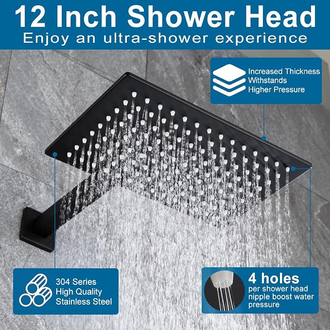 POP SANITARYWARE Matte Black Shower Tub Faucet Set Bathroom Rain Shower System with Tub Spout Wall Mounted Rainfall 12 Inch Shower Head and Handle Set Include Shower Valve and Trim Kit - Image 3