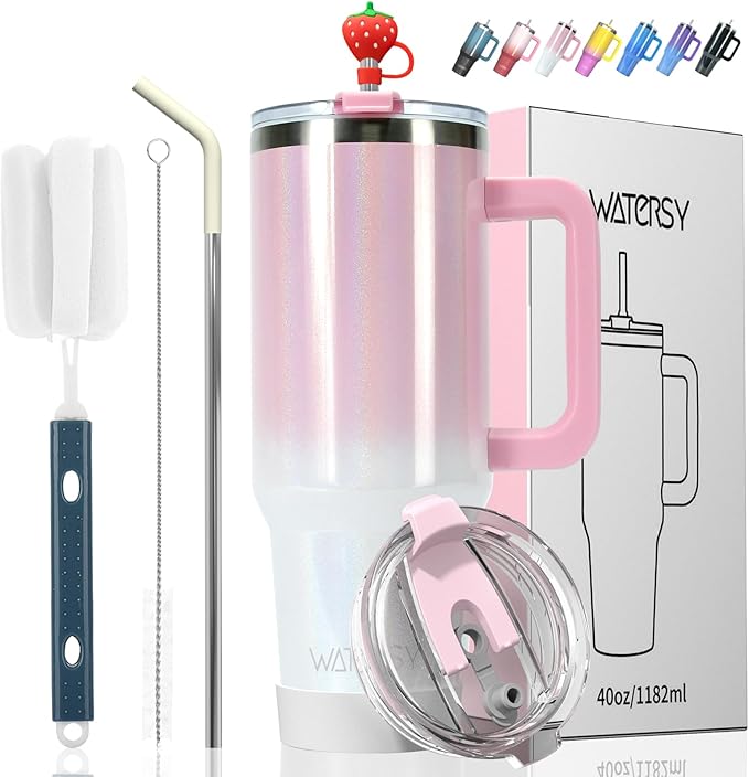 40 oz Shiny Tumbler with Handle and Straw,Stainless Steel Tumbler with Lid and Straw,Insulated Travel Mug(Cold for 34 Hours),Water Bottle for Iced Tea,Coffee (Pink) by Watersy