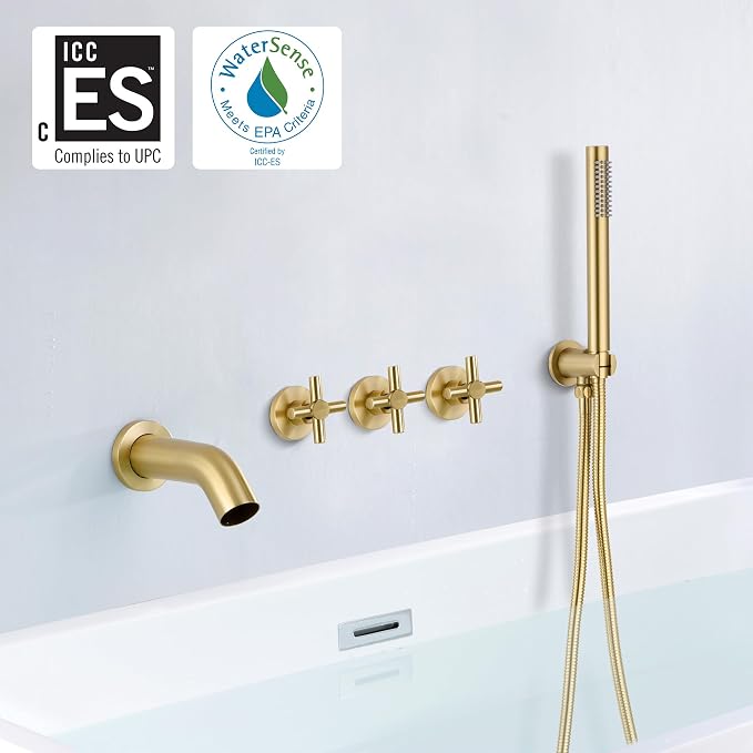 SUMERAIN Waterfall Wall Mount Tub Faucet with Hand Shower Sprayer, 3 Handle Tub Shower Faucet with Rough in Valve Brushed Gold Finish - Image 2
