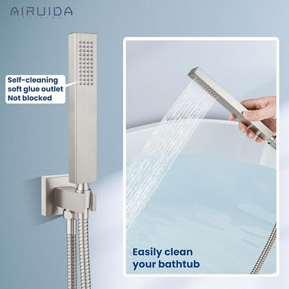 Airuida Wall Mount Tub Faucet with Waterfall Tub Spout Wall Mounted Bathtub Faucet with Handheld Shower Single Handle Tub Filler Shower Faucet Set with Rough-in valve Straight Spout Brushed Nickel - Image 7