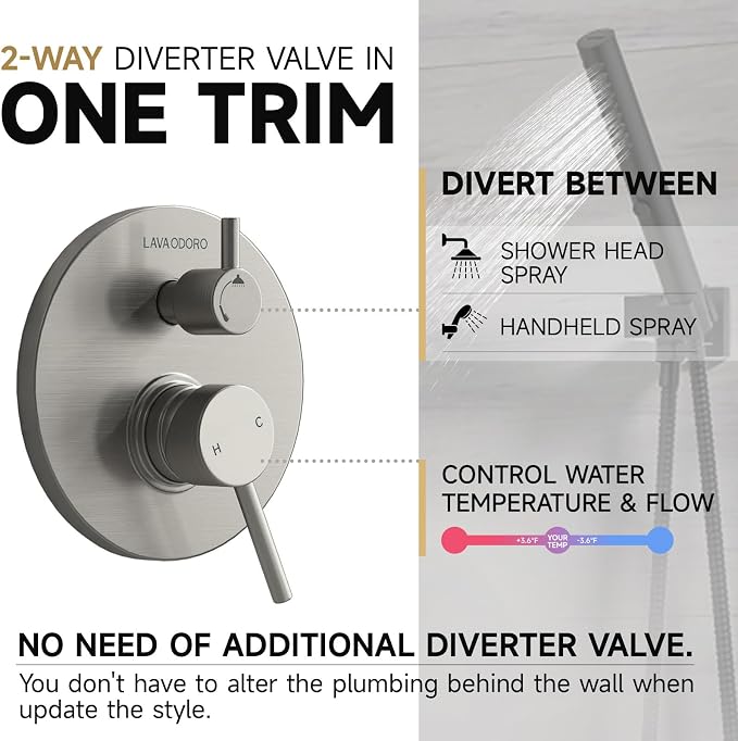 Lava Odoro Modern 2-Setting Round Rain Shower System, Brushed Nickel Rainfall Shower Faucet Set Rain Shower Head and Handle Set, Shower Valve Trim Kit,10 Inch, Brushed Stainless, SF104-BN - Image 8