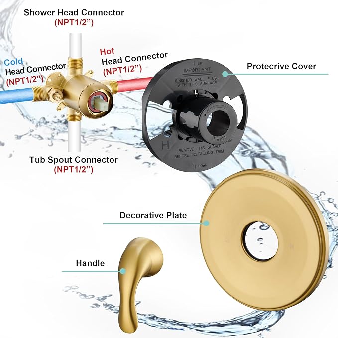 Brushed Gold Shower Tub Faucet Set With Valve - Gold Shower Head and Handle Set, Shower Faucet Set With 6 Inch Rain shower Head and Tub Spout, High-Pressure Tub Shower Trim Kit - Image 6