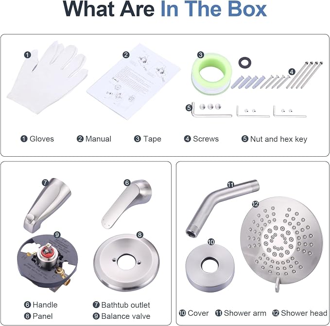 Shower Faucet with Valve, Brushed Nickel Bathroom Tub Shower Faucet Kit, Single Handle Rain Shower Head with Tub Spout, Solid Brass Shower Tub Faucet Set Complete, Bathtub Faucet with Shower - Image 7