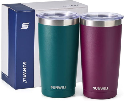 SUNWILL Travel Coffee Mug with Lid, 20 oz Tumbler Set of 2, Insulated Stainless Steel Cup for Drinks， Water, Tea, Powder Coated Forest Green & Plum - Image 5