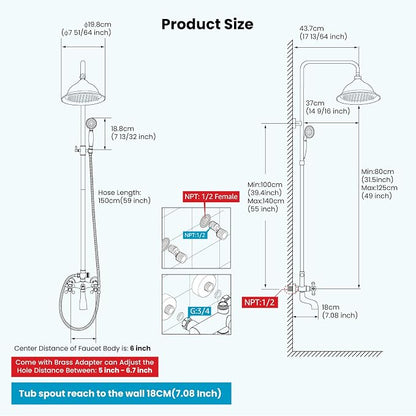 gotonovo Bathroom Exposed Shower Faucet Outdoor Shower System 8 Inch Rainfall Shower Head Set with Tub Spout and Handheld Spray Double Cross Handles Wall Mount without Shower Shelf Brushed Nickel - Image 6