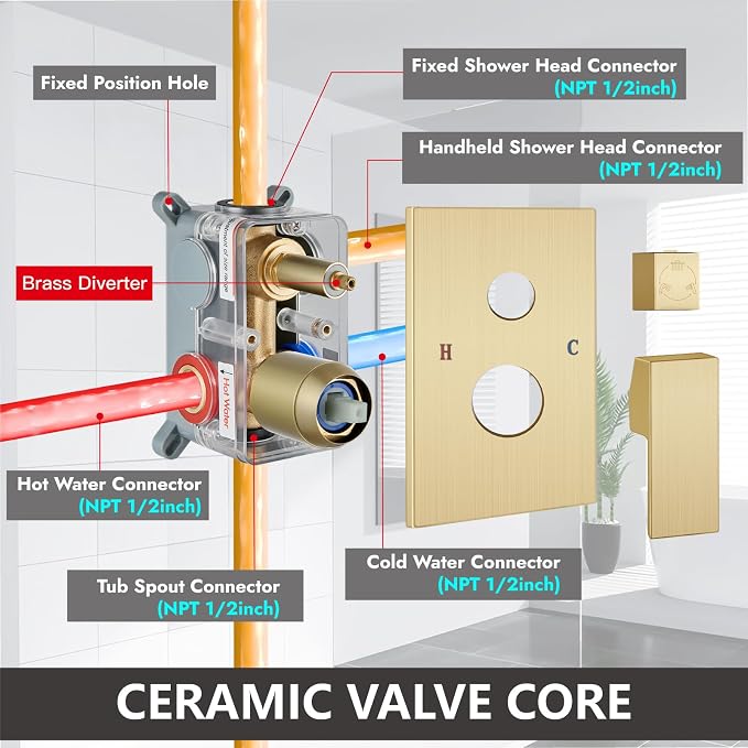 Midanya Shower System with Tub Spout,Bathtub Shower Faucet Set with Square Rainfall Head and Handheld Sprayer Wall Mount Tub Faucet Set with Valve and Trim Kit,10 Inch Brushed Gold - Image 6
