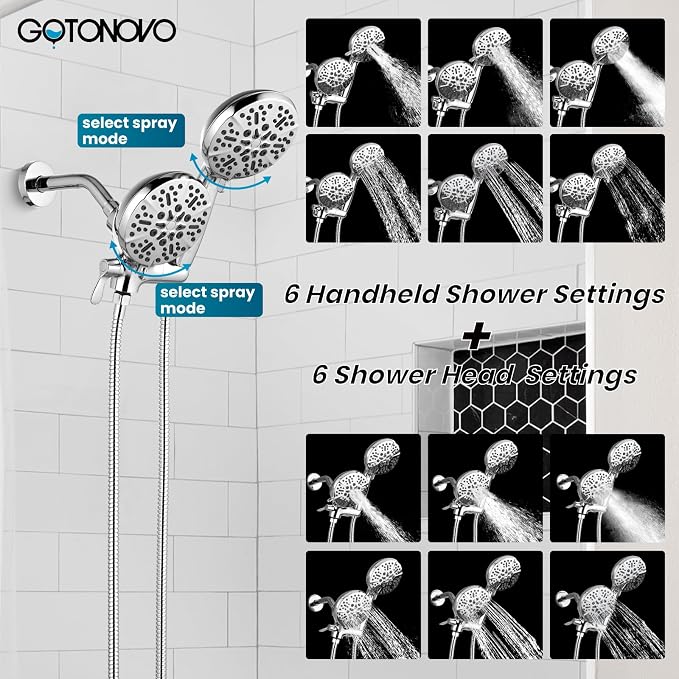 gotonovo Tub Shower Faucet Set,2 in 1 Dual Shower Head and Handle Set with Tub Spout Wall Mount Bathroom Shower Trim Kit with 3-way Water Diverter Valve Included Various Modes Polished Chrome - Image 5
