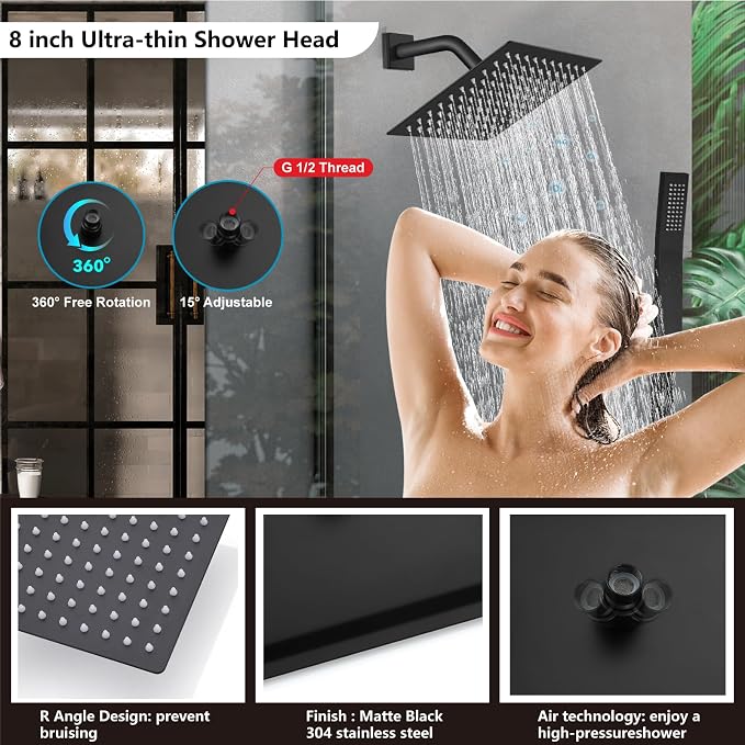 Midanya Shower Faucet Set,Wall Mount Shower System with Square Rain Shower Head and Hand Sprayer, Rough-in Valve Body and Trim Kit Included,8 Inch,Matte Black - Image 3