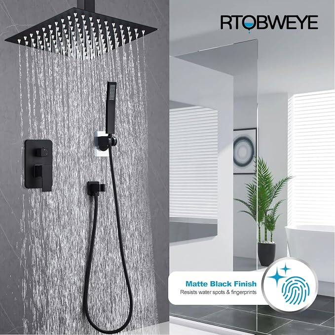 8 Inch Shower Faucet Set Ceiling Mount, High Pressure Rainfall Shower System, Square Rain Shower Head with Handheld Spray Combo, Ceiling Luxury Rainfall Shower Fixtures Matte Black (L-Style) - Image 5