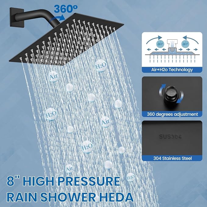 Shower Faucet Set with Tub Spout, 8 Inch Square Wall Mounted Rainfall Shower Head with Rough-in Valve Body, Bathroom Shower Trim Kit Single Function RV Shower System(Matte Black) - Image 3