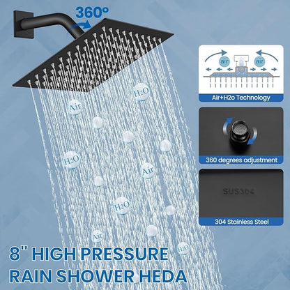 Shower Faucet Set with Tub Spout, 8 Inch Square Wall Mounted Rainfall Shower Head with Rough-in Valve Body, Bathroom Shower Trim Kit Single Function RV Shower System(Matte Black) - Image 3