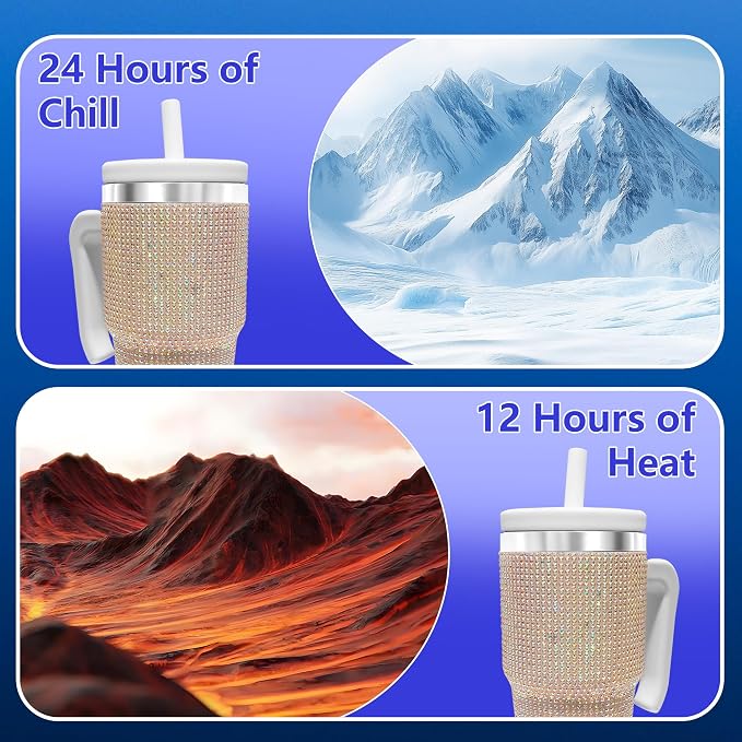 2PCS 20-OZ Insulated Water Bottle,Insulated Stainless Steel Tumbler,Reusable Cold Drink Thermos,BPA-Free, Double-Wall Stainless Steel Water Bottle (White-Diamonds, 20, Fluid Ounces) - Image 7