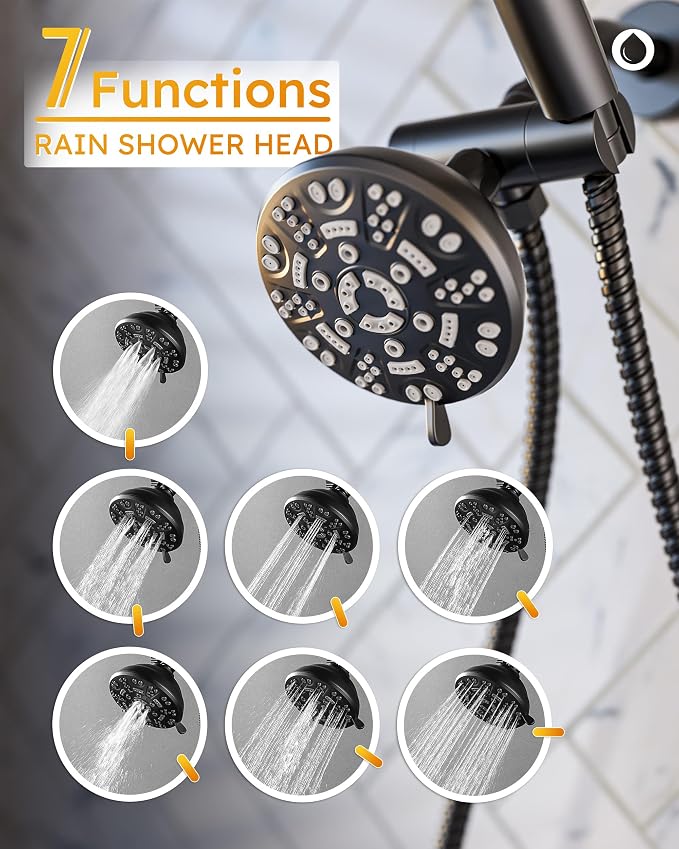 Shower Tub Faucet Head Set Black : WOWOW Black Shower Head and Handle Set with 7 Modes Handheld Shower Head with Hose and Tub Spout, Dual 2 In 1 Shower System Combo Single Handle (Brass Valve Include) - Image 5