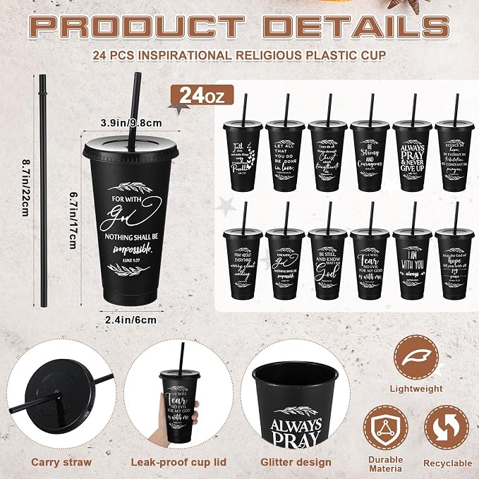 Havawish 24 Mothers Day Christian Tumbler Gift Bulk Religious Inspirational 24 oz Drinking Jesus Cup with Lid Straw Bible Verse Plastic Cup for Church Father Teacher First Communion (Black) - Image 2