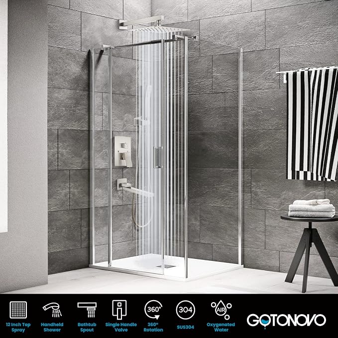 gotonovo Rainfall Tub Shower Faucet Set Bathroom Shower System with Tub Spout Wall Mount Square High Pressure Shower Fixtures with Handheld Sprayer Rough-In Valve 12'' Shower Head,Brushed Nickel - Image 2