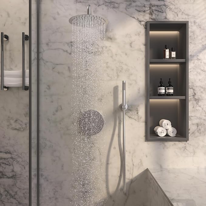 MONDAWE Round Shower Faucet Set, Wall Mounted Shower System 10 Inch Rainfall Shower Head with Handheld Combo, Brushed Nickle High Pressure Shower Set -Valve Included - Image 2