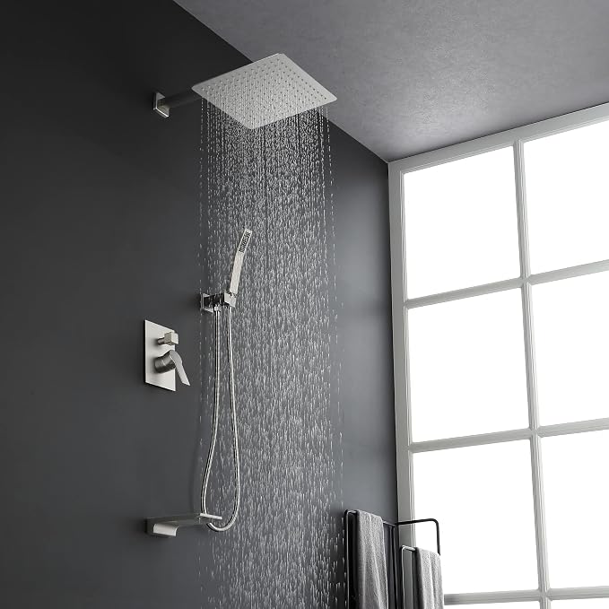 SHAMANDA Shower System with Waterfall Tub Spout and Handheld Shower Head, 12" Rain Shower Faucet Sets Complete with Shower Round-in Valve and Trim Wall Mount, Brushed Nickel, L101-2 - Image 8